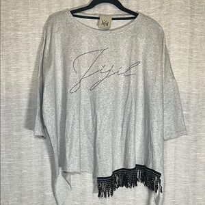 Jijil Light Gray Asymmetric Lagenlook Top with Black Studded Fringe Hem Size 40